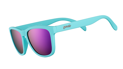 Three-quarter angle view of baby blue sunglasses with polarised purple reflective lenses.