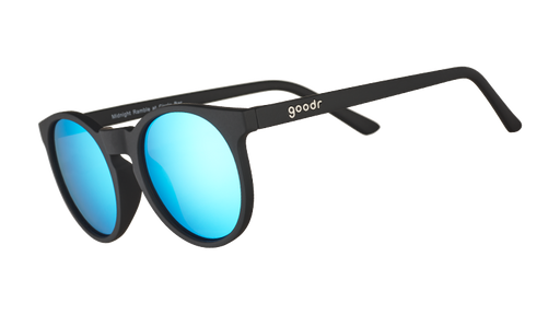 Three-quarter angle view of retro-inspired black round sunglasses with circle-shaped mirrored blue lenses.
