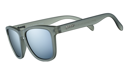 Three-quarter angle view of square-shaped gray sunglasses with polarised gray lenses.